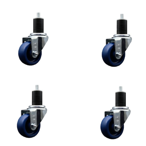 3'' SS Solid Poly Wheel Swivel 1-3/4'' Expanding Stem Caster Set, 4PK